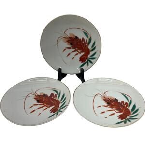 Set of 3 Japanese Porcelain Prawn Shrimp Plate Hand-painted Platter Dish 7.25"